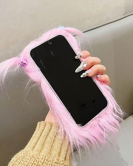 for iPhone 17 Pro Max Case,Funny and Silly Weird Furry Phone Cases [DIY Long Hair with Hairclip] Ugly Phone Case Swap Challenge Gifts with Friends (Pink)