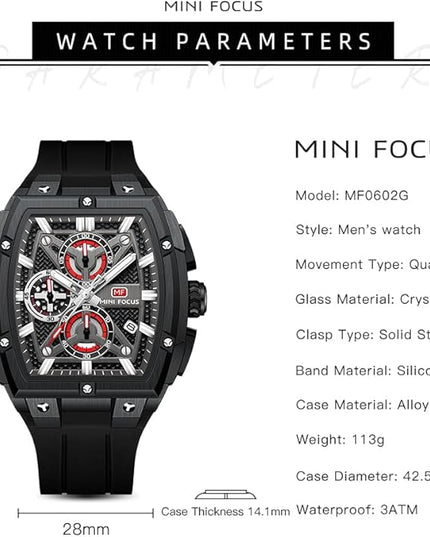 MF MINI FOCUS Men's Watch Analog Fashion Wrist Watch, Skeleton Tonneau Watch for Men with Chronograph,Ideal for Sports Enthusiasts and Daily Wear