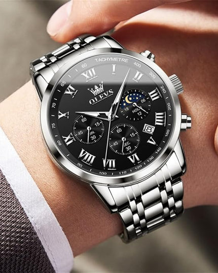 OLEVS Mens Watch Luxury Big Face Stainless Steel Analog Quartz Multifunctional Waterproof Luminous Date Two Tone Fashion Dress Wrist Watches for Man