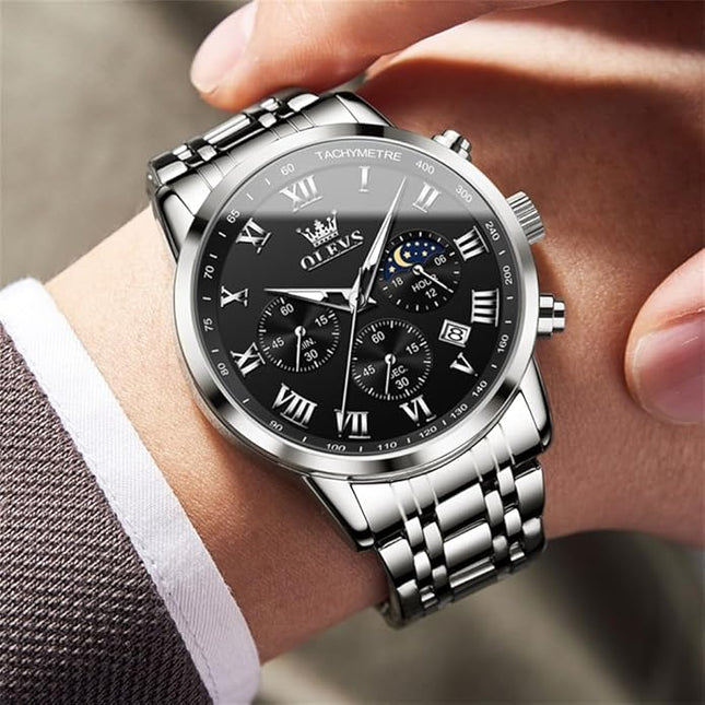 OLEVS Mens Watch Luxury Big Face Stainless Steel Analog Quartz Multifunctional Waterproof Luminous Date Two Tone Fashion Dress Wrist Watches for Man