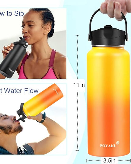 Water Bottle Insulated 32oz 40oz 64oz 128oz Straw Lid Spout Lid & 3 Lids, Leak Proof, Vacuum Insulated,Stainless Steel Water Bottle Wide Mouth for Sports, Gym or Office