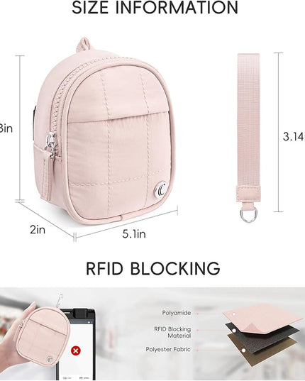 CLUCI Mini Backpack Keychain Wallet Small Change Quilted Coin Purse Cute Puffer Wristlet Pouch with 3 RFID Card Slots