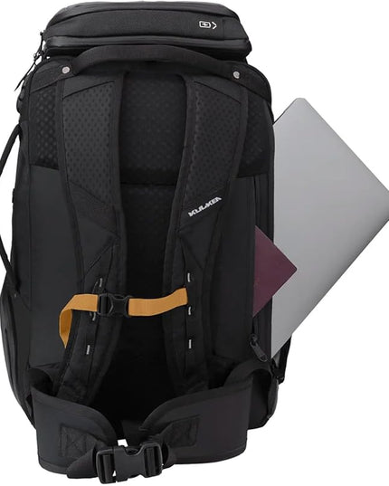 Käydä 44L Travel Backpack - Spacious Carry On Backpack with Detachable Travel Pouch, Magnetic Water Bottle Pocket, Passport and Laptop Pocket - Convertible Boot Bag for Snow Sports (Black/Gold)