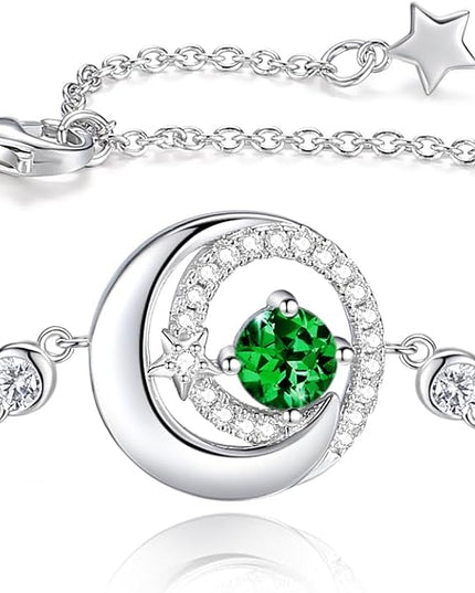 FANCIME Birthstone Bracelets 925 Sterling Silver Moon and Star Bangle Charm Bracelet Fine Jewelry Birthday Anniversary Christmas Day Gift for Her Women, Adjustable Chain 6.7"+1.2" Extend
