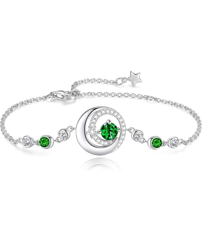 FANCIME Birthstone Bracelets 925 Sterling Silver Moon and Star Bangle Charm Bracelet Fine Jewelry Birthday Anniversary Christmas Day Gift for Her Women, Adjustable Chain 6.7"+1.2" Extend