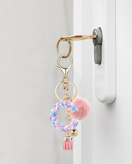 Resin Alphabet Initial Letter Keychain Keyring for Women Purse Handbags With Fur Ball Pom