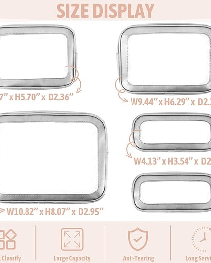 5 Pack Clear Toiletry Bag,TSA Approved Travel Makeup Pouch with Zipper for Cosmetics and Toiletries，Diaper Bag Organizer Pouch Set,Purse Organizer for Christmas Women Gift