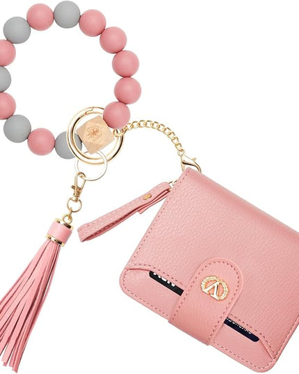 Multi-Purpose Wallet High Capacity Card Holder Zipper Coin Purse with Wristlet Bracelet Keychain Silicone Beaded Bangle Key Ring