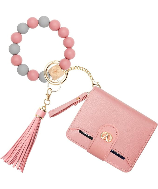 Multi-Purpose Wallet High Capacity Card Holder Zipper Coin Purse with Wristlet Bracelet Keychain Silicone Beaded Bangle Key Ring