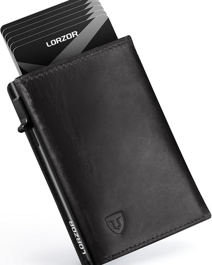 LORZOR Minimalist Wallet for Men with Credit Card Holder, Finest Full Grain Leather, Pop up Smart Wallet, Trifold Slim Wallet, RFID Blocking, Front Pocket, ID Window
