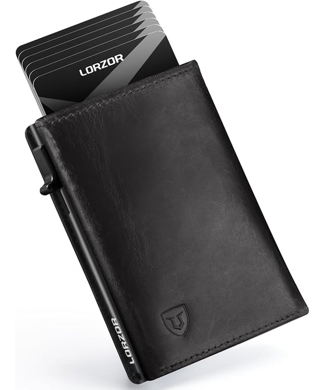 LORZOR Minimalist Wallet for Men with Credit Card Holder, Finest Full Grain Leather, Pop up Smart Wallet, Trifold Slim Wallet, RFID Blocking, Front Pocket, ID Window