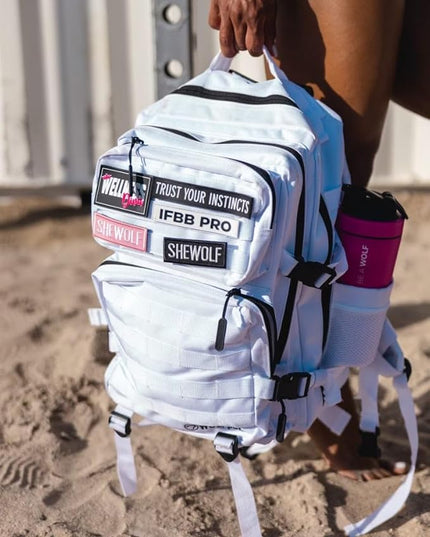 WOLFpak 35L Athletic Gym Backpack - Durable 1000D Waterproof Oxford Material with MOLLE Webbing, Laptop Pocket & Dual Cup Holders, Durable Fitness/Travel/Military Daypack (Polar White)