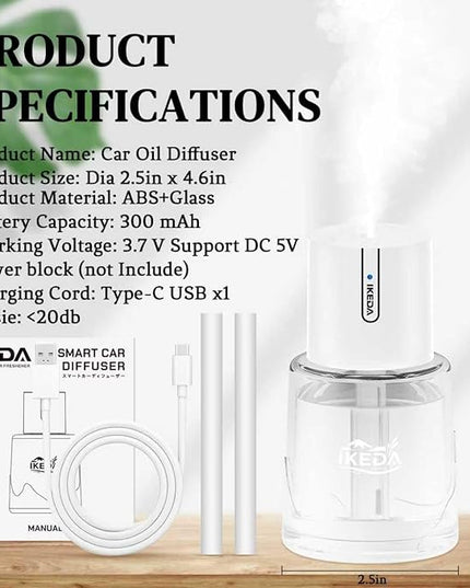Ikeda Essential Oil Diffuser, 100ml Glass Car Essential Oil Diffuser,Portable Car Aroma Air Diffuser, 3 Timers & 300 mAH Battery Operated Mini Humidifier Diffuser, Auto Shut-Off, White