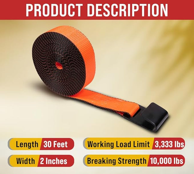 Mytee Products Winch Straps 2" x30' - High Abrasion Orange Heavy Duty Tie Down w/Flat Hook WLL# 6670 lbs - 2 Inch Cargo Control for Flatbed Truck Utility Trailer