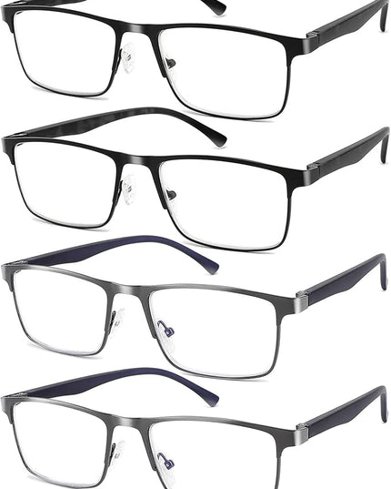 4-Pack Mens Reading Glasses Blue Light Blocking,Spring Hinge Stylish Metal Full Frame Readers for Men Anti Glare Filter Eyeglasses +4.0
