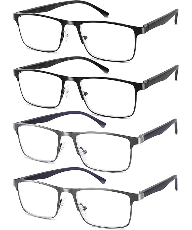 4-Pack Mens Reading Glasses Blue Light Blocking,Spring Hinge Stylish Metal Full Frame Readers for Men Anti Glare Filter Eyeglasses +3.50