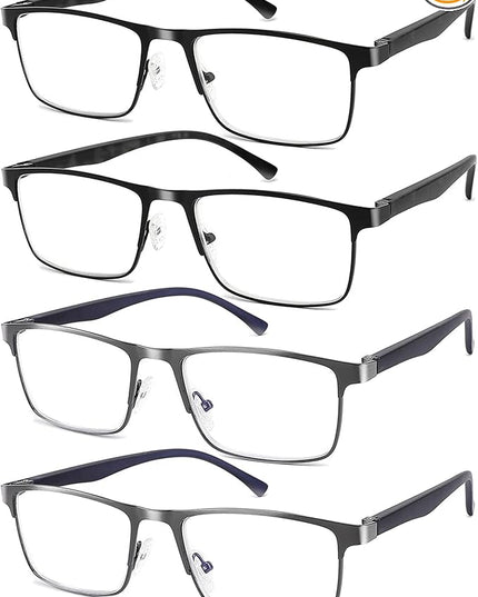 4-Pack Mens Reading Glasses Blue Light Blocking,Spring Hinge Stylish Metal Full Frame Readers for Men Anti Glare Filter Eyeglasses +3.75