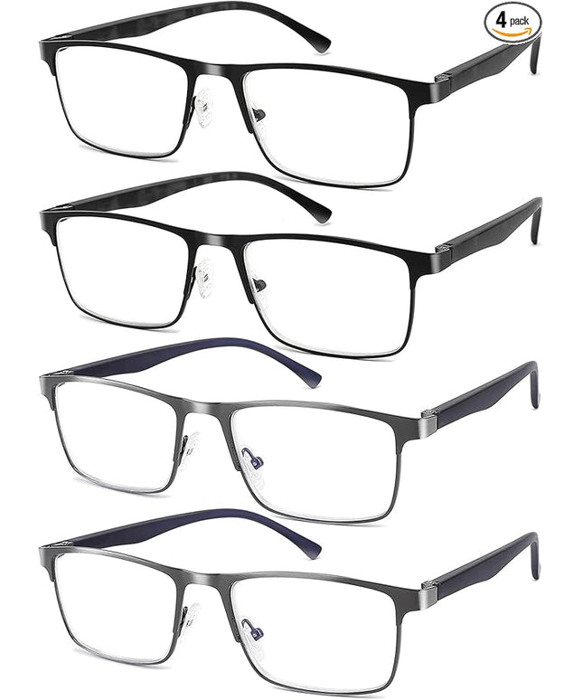 4-Pack Mens Reading Glasses Blue Light Blocking,Spring Hinge Stylish Metal Full Frame Readers for Men Anti Glare Filter Eyeglasses +3.75
