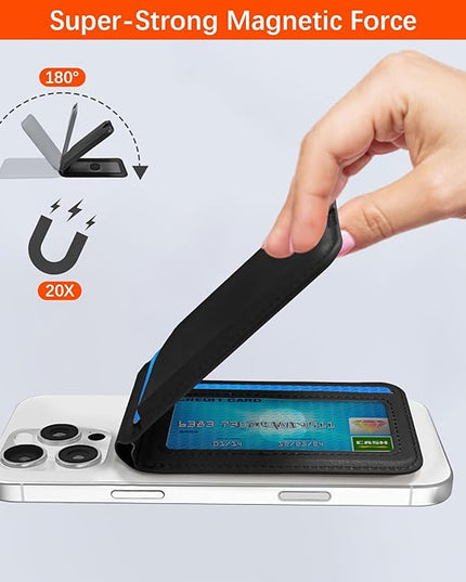for Magsafe Wallet, Phone Cardholder with Adjustable Stand, Magnetic Card Holder with 3 Card Slots, Magnetic Wallet for iPhone 16/15/14/13/12 Series, Not for iPhone 13/12 Mini(Black, Leather)