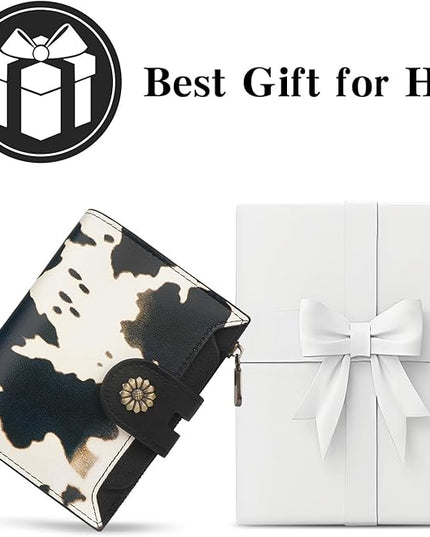 Blucoay Wallet Women,RFID Blocking Leather Womens Wallet Bifold Compact Card Holder Small Wallet for Women with Removable ID Window cowprint black