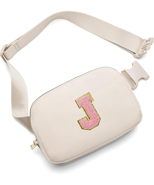 Gitus Belt Bag Fanny Pack Crossbody Bags with Initial Letter Patch Cute Stuff Birthday Gifts for Teenager Girls Trendy Preppy Stuff for Teen Girls(Beige-J)