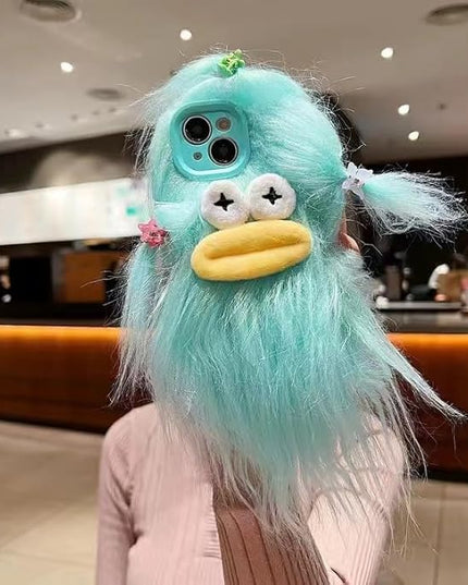 for iPhone 14 Plus Case,Funny and Silly Weird Furry Phone Cases [DIY Long Hair with Hairclip] Ugly Phone Case Swap Challenge Gifts with Friends (Green)