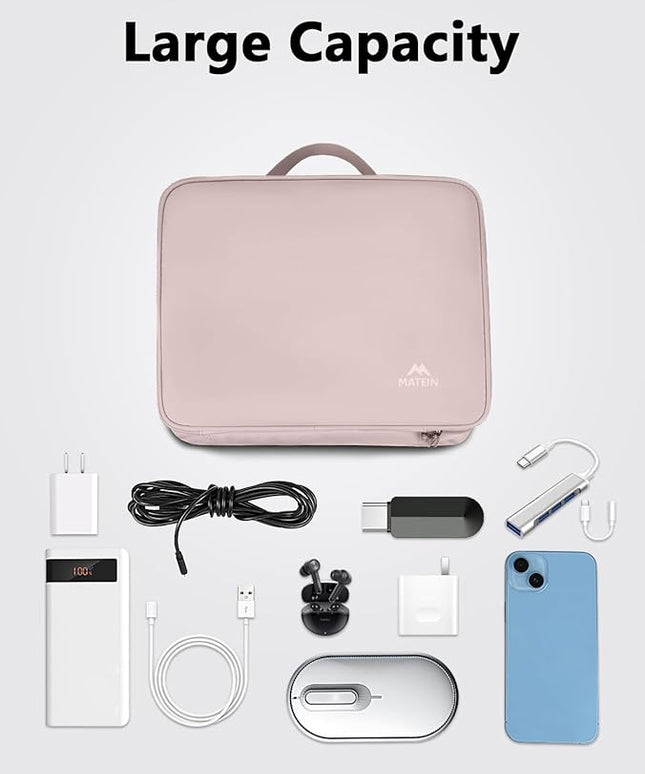 MATEIN Travel Cord Organizer for Women, Large Tech Storage Bag Water Resistant Electronic Accessories Case with Handle for Cord, Cables, Cellphone, Tablet (Up to 12.9inch), Powerbank, Soft Pink