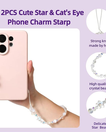 Cute Sparkling Star & Cat's Eye Phone Lanyard, Beaded Crystal Charm Strap for Phone Keys Purse - Gift for Women