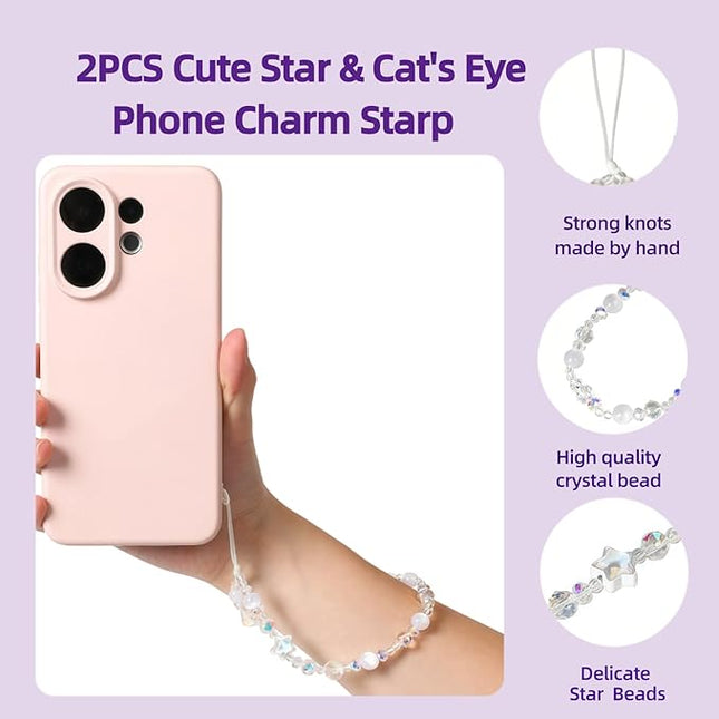 Cute Sparkling Star & Cat's Eye Phone Lanyard, Beaded Crystal Charm Strap for Phone Keys Purse - Gift for Women