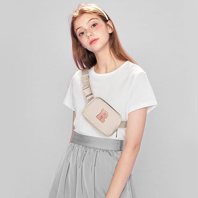 Gitus Belt Bag Fanny Pack Crossbody Bags with Initial Letter Patch Cute Stuff Birthday Gifts for Teenager Girls Trendy Preppy Stuff for Teen Girls(Beige-R)