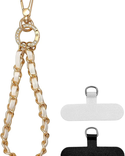 Phone Wrist Strap with Metal Chain Phone Lanyard Wrist with 2 Tether Tabs Metal Leather Cellphone Charm Phone Chain