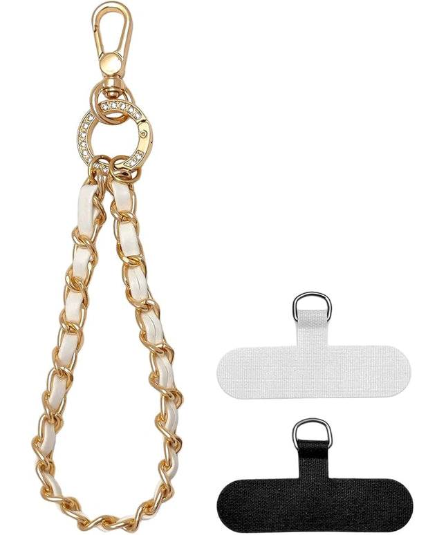 Phone Wrist Strap with Metal Chain Phone Lanyard Wrist with 2 Tether Tabs Metal Leather Cellphone Charm Phone Chain