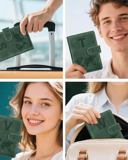 Personalized V Passport Holder Cover Initial Letter Travel Wallet RFID Blocking Passport Cover Credit Card Holder Case Passport Book Holders for Women and Men, Pine Green-V
