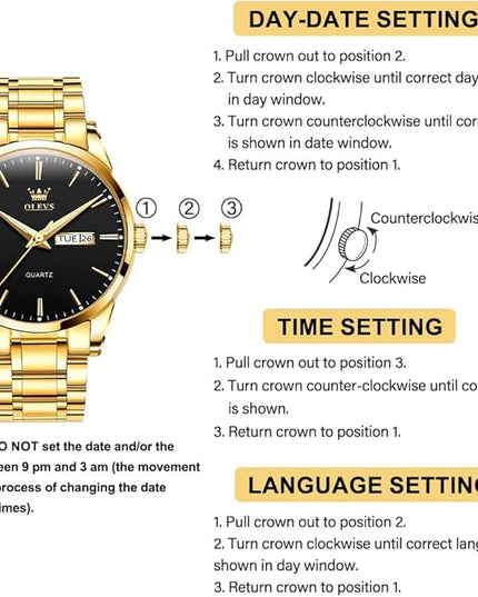 OLEVS Men's Luxury Watch Waterproof Luminous Easy Read Chronograph Watches Full Gold/White Dail/Black Face with Calendar Wristwatch