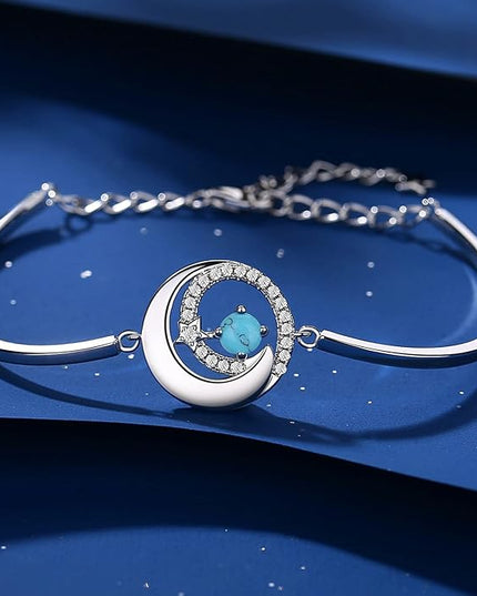 FANCIME Birthstone Bracelets 925 Sterling Silver Moon and Star Bangle Charm Bracelet Fine Jewelry Birthday Anniversary Christmas Day Gift for Her Women, Adjustable Chain 6.7"+1.2" Extend