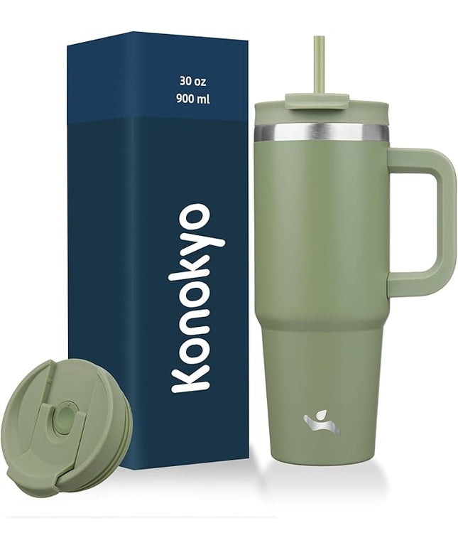 30 oz Tumbler with Handle and 2 Straws,2 in 1 Lid Insulated Water Bottle Stainless Steel Travel Coffee Mug,Army Green