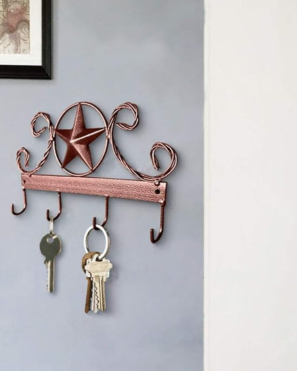 EcoRise Brown Texas Country Western Key Holder - Rustic Wall Décor Key Hanger for Home, Vintage Metal Key Hangers for Wall, Star Key Rack Hook Wall Holders, Multiple Hooks for Keys (Brown)