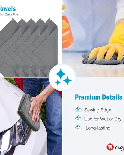 Orighty Microfiber Cleaning Cloth, 12 Pack Microfiber Towels for Cars, Highly Absorbent Car Cleaning Supplies, Lint Free Cloths Clean Rags for Car Care, House, Kitchen, 12x12 inch, Grey