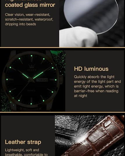 OLEVS Watches for Men Brown Leather Gold Case Analog Quartz Fashion Business Dress Watch Day Date Luminous Waterproof Casual Male Wrist Watches