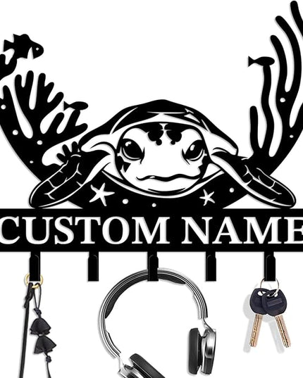 Casebrick Custom Sea Turtle Metal Wall Hooks,Key Holder-Personalized Iron Wall Decor for Keys, Coats & Home Organization (Black, Handmade,Decorative for Entryway, Beach,Bedroom,Office) (Style H)