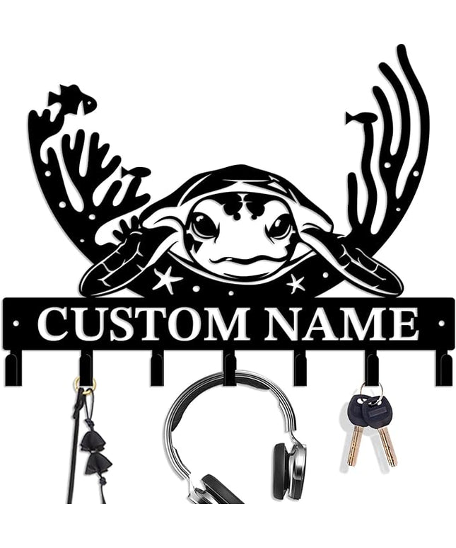 Casebrick Custom Sea Turtle Metal Wall Hooks,Key Holder-Personalized Iron Wall Decor for Keys, Coats & Home Organization (Black, Handmade,Decorative for Entryway, Beach,Bedroom,Office) (Style H)