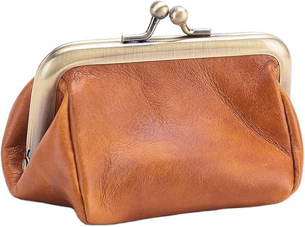 Plinvo Mini Genuine Leather Coin Purse for Women Vintage Kiss Lock Change Organizer Blue (Brown)