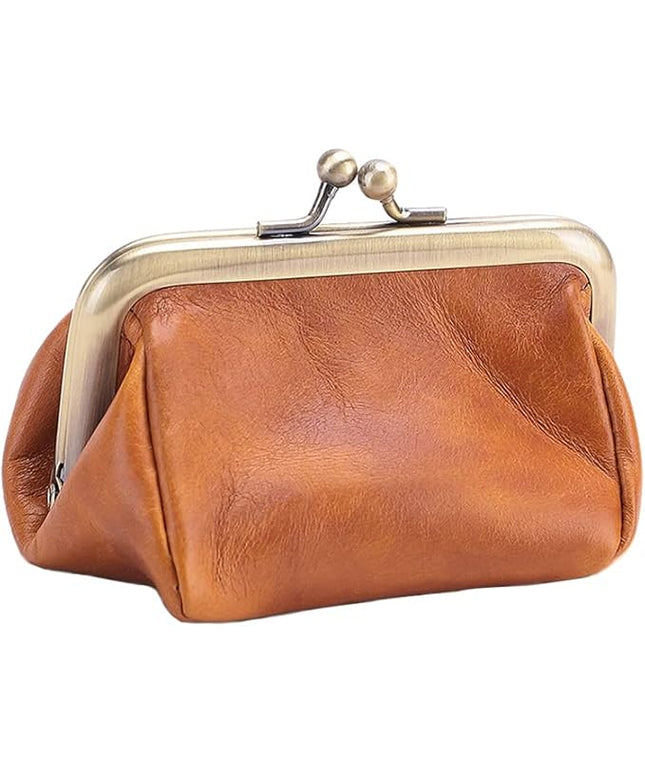 Plinvo Mini Genuine Leather Coin Purse for Women Vintage Kiss Lock Change Organizer Blue (Brown)