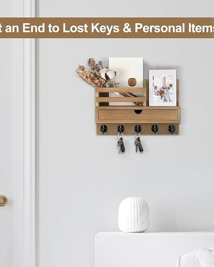 Lucundm Key Holder Wall Mount, Mail Holder with Storage Drawer and 5 Key Hooks for Coat, Dog Leash, Home Decor Rack, House Accessories, Entry Way Organizer (Light Brown)