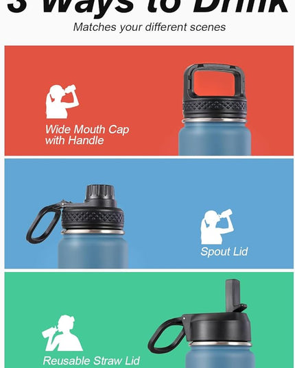 Coolflask Water Bottle 24 oz Insulated with Straw, Stainless Steel Metal 3 Lids Water Flask Wide Mouth for Sports or Office, Non-BPA Keep Cold Up to 48 Hrs or Hot Up to 24 Hrs, Samurai Cyan