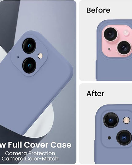 FireNova Designed for iPhone 15 Plus Case, Silicone [Camera Protection] Case with [2 Screen Protectors], Soft Anti-Scratch Microfiber Lining Inside, 6.7 inch, Lavender Gray
