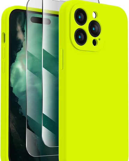 FireNova Designed for iPhone 14 Pro Max Case, Silicone Upgraded [Camera Protection] Case with [2 Screen Protectors], Soft Anti-Scratch Microfiber Lining Inside, 6.7 inch, Fluorescent Green