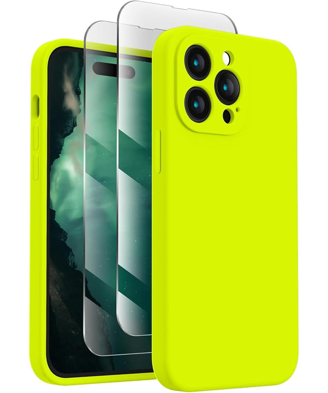FireNova Designed for iPhone 14 Pro Max Case, Silicone Upgraded [Camera Protection] Case with [2 Screen Protectors], Soft Anti-Scratch Microfiber Lining Inside, 6.7 inch, Fluorescent Green