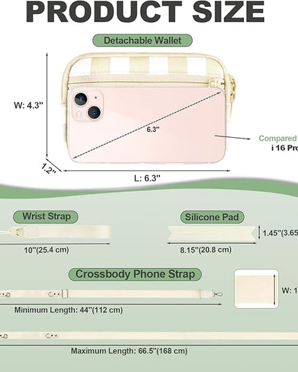 Clip and Go Strap for Phone with Wallet Crossbody, Adjustable Phone Lanyard with Detachable RFID Wristlet Wallet, Phone Strap with Phone Tabs for All Phones, Cream Checkered (M)