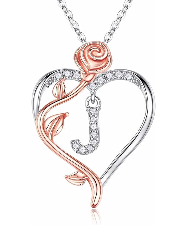 Iefil Christmas Gifts for Women Wife - 925 Sterling Silver Rose Heart Initial Necklace, Anniversary Birthday Gifts for Women, Jewelry Gift for Her Wife Girlfriend Mom Daughter